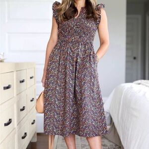 J. Crew Black Floral Smocked Midi Dress